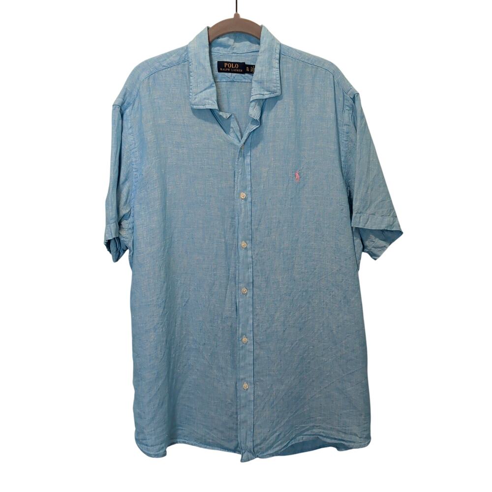 Polo Ralph Lauren Men's Sz XL 100% Linen Blue Short Sleeve Button Up Shirt